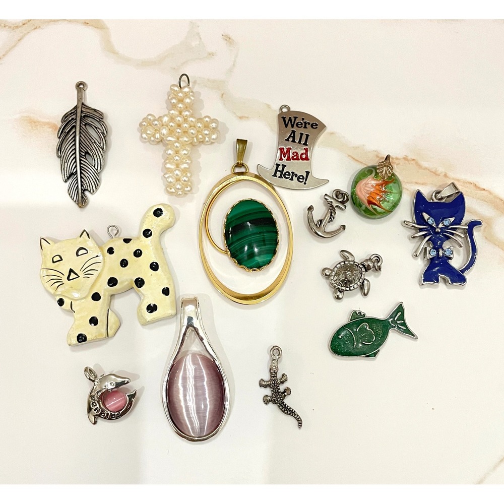 Vintage Style Pendant Jewelry Lot 12pc Cat Fish Pearl Cross Animal Charms